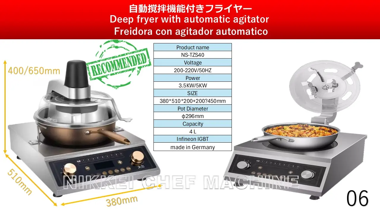 様々なモデルとサイズのキッチンをご用意しております。
						1.- 常に最新の世界技術でモデルを更新
						各モデルは、世界の最新テクノロジーを取り入れ、常に進化しております。
						2.- お客様のご要望に合わせたカスタマイズ
						各モデルは、お客様のご要望に応じてカスタマイズが可能です。
						3.- 2kW～50kWのパワーキット、9段階調節可能な選択機能
						出力：2kW～50kW
						4.- パワーレベル調節：最小「1」～最大「9」まで
						調理タイマー機能
						正確な調理時間を設定可能なタイマーを装備。
						5.- スマートタッチスクリーン
						直感的に操作できるタッチパネル式ディスプレイ。
						6.- AI・IoT・ロボット化システム搭載
						人工知能（AI）、モノのインターネット（IoT）、自動化技術を採用。
						7.- コンケーブ（凹型）とフラット（平型）の2種類
						コンケーブモデル：炒め物に最適
						フラットモデル：鍋料理に最適
						